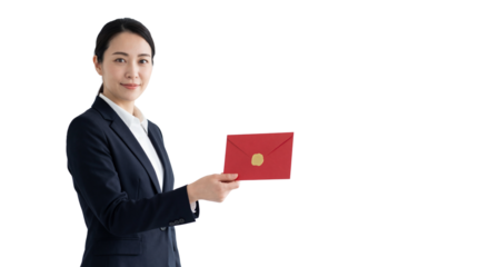 Professional Asian Businesswoman Holding Red Envelope with Gold Seal isolated PNG with Transparent Background
