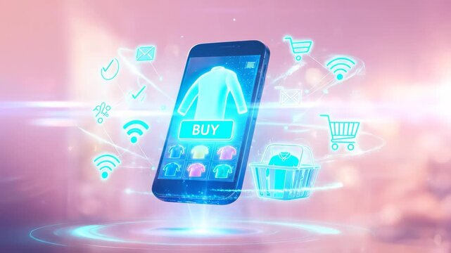 Smartphone Projecting Holographic 3D Blue Shirt And Buy Button Above Neon Shopping Basket With Clothing Thumbnails Over Pink Gradient Base