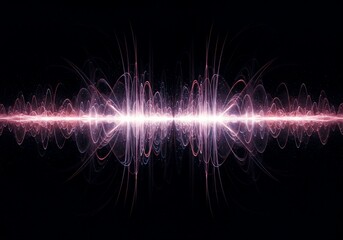 Abstract visualization of intersecting sound waves and digital oscillation patterns creating a complex, flowing technical energy background, pulse, wave, sound