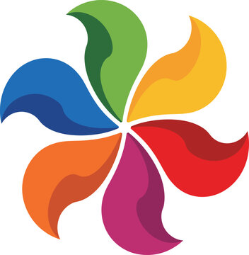 A colorful graphic design featuring a stylized flower with multiple petals in various vibrant hues.