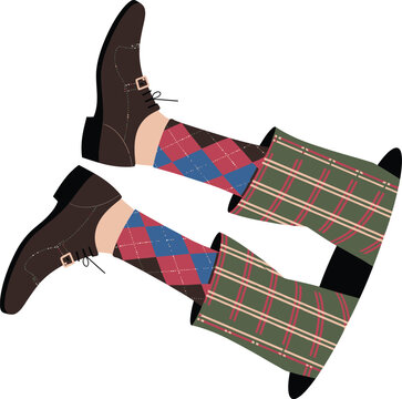 Cartoon Illustration of Stylish Legs with Dress Shoes Argyle Socks and Plaid Trousers