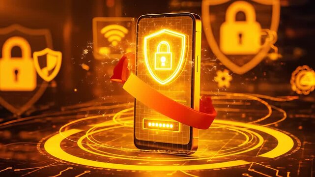 Smartphone Floating Over Neon Circuit Rings With Holographic Security Shield And Padlock Plus Red Circular Arrow For Mobile Data Protection
