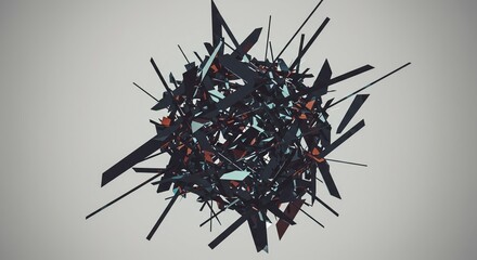 An intricate composition of overlapping shapes and fragmented lines creating an immersive visual experience of chaotic structural breakdown and complexity, messy, chaos, digital