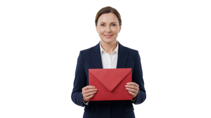Smiling Businesswoman Holding Red Envelope isolated PNG with Transparent Background