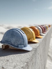 Multi-colored hard hats on a brick wall