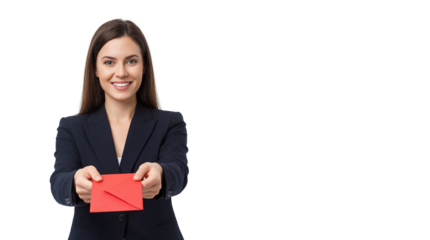 Smiling Businesswoman Holding Red Envelope Towards Camera isolated PNG with Transparent Background
