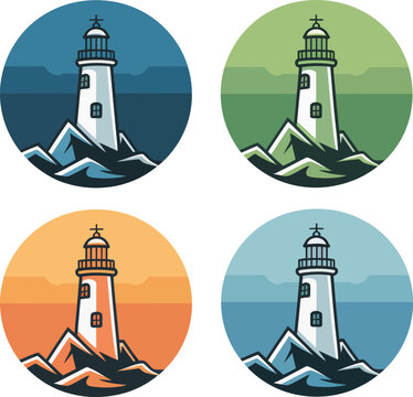 Cartoon Lighthouse Icons Set on Rocky Coast with Day and Night Backgrounds