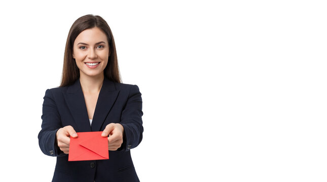 Smiling Businesswoman Holding Red Envelope Towards Camera isolated PNG with Transparent Background