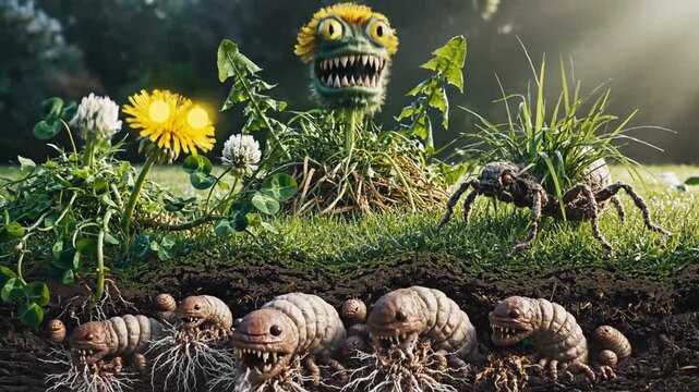 P752-Lawn Weeds character and weed monster as dandelion with clover crab grass pest weeds problem as a sy 4K 10s