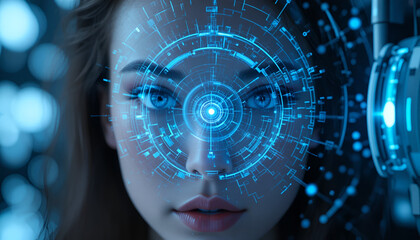 A futuristic woman with a blue circuit design on her face in a technological environment