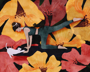 Watercolor illustration of woman practicing yoga with playful cats,surrounded by large colorful flowers. Ideal for wellness, pet friendly lifestyle, mindfulness, self care, and floral themed content.