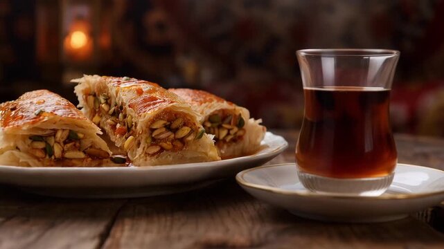 Rustic Wooden Table Spread with Baklava and Mint Tea