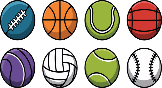 Cartoon Sports Balls Set with Colorful Football Basketball Tennis and Volleyball Illustration