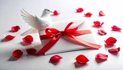 White dove on decorated envelope with red rose petals