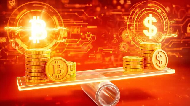 Financial Balance Scale Weighing Golden Bitcoin Coins Against Dollar Coins With Glowing Holographic Symbols In Orange Neon Digital Setting