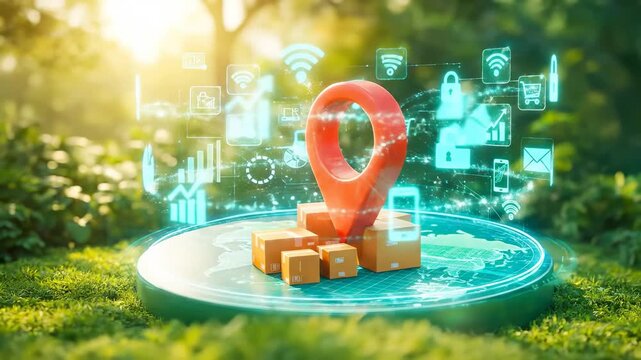 Cardboard Delivery Boxes On Holographic World Map With Red Location Pin And Floating Cyan Logistics Symbols In Green Park At Golden Sunrise
