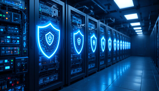 A secure server room with blue glowing shields on the computer servers for data protection