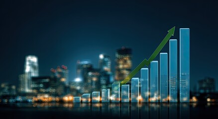 Fototapeta premium A 3D chart depicts increasing performance with a green arrow, cityscape blurred