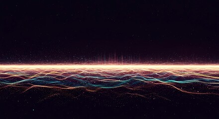 Digital visualization of complex high-speed data flow showing colorful oscillating waves and rhythmic patterns across a deep space background, broadband, signal, digital