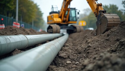 Construction workers install large grey pipes in trench near roadway. Excavator machine digs ground for new urban infrastructure. Stormwater drain system built to prevent flooding.