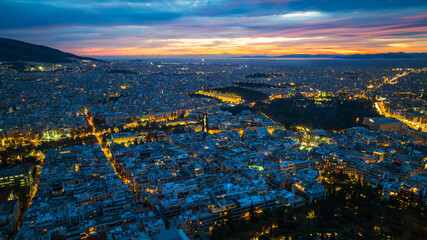 Aerial View of Athens city lights after sunset