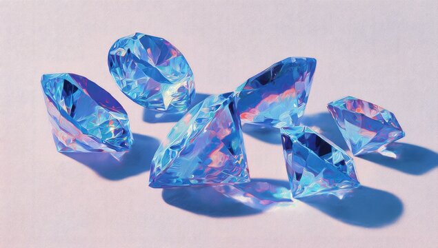 Close-up of several iridescent faceted gems arranged on a smooth, white surface