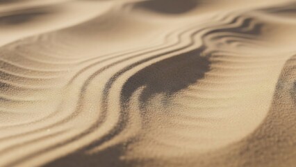 Close-up view of desert sand dunes with beautiful patterns and textures under sunlight.