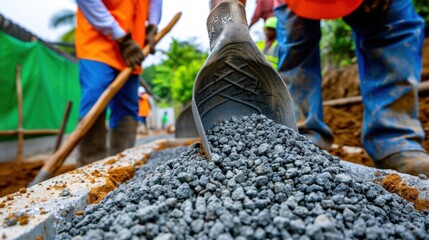 Naklejka premium Worker with shovel full of gravel pouring into construction site for building foundation with safety gear and bright orange vest