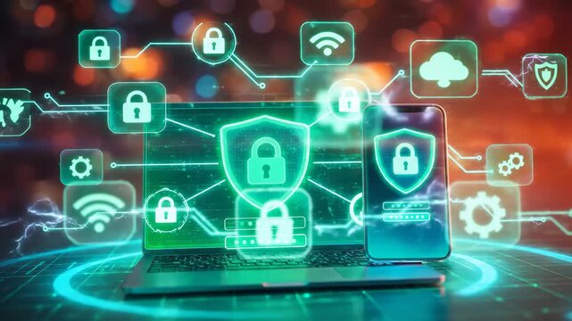 Cinematic 3D render of a modern laptop and smartphone with glowing holographic shields, padlocks, and orbiting security holograms in neon cyan-green lighting, emphasizing digital protection and cybers