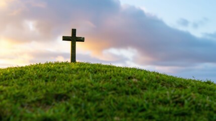 Serene Cross on a Hilltop Against a Gorgeous Sky at Dusk with Vibrant Colors Melting into the Horizon