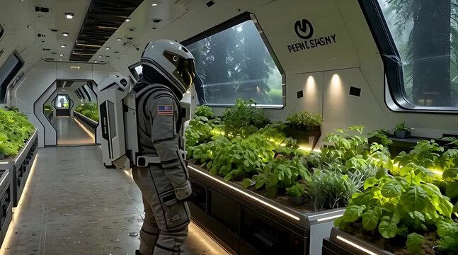 An astronaut in a spacesuit stands inside a futuristic hydroponics bay, observing lush green plants growing under lights, with a mysterious, misty forest visible through the windows of the space habit