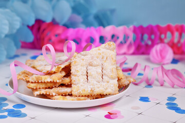 Fried Italian dessert snack for carnival season called 'Galani', ' Chiacchiere' or 'Crostoli'...