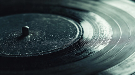 Macro shot of the surface of an old vinyl record with grooves in sharp focus and shallow depth of field, highlighting texture, nostalgia, and analog music charm.
