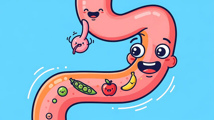 Cute and colorful cartoon illustration of a happy digestive system, joyfully processing nutritious fruits and vegetables for optimal gut health and overall wellness journey