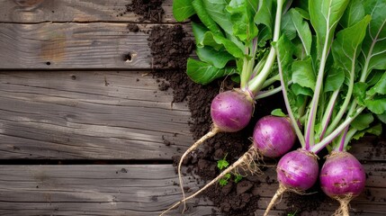 Fresh Bright Purple Turnips with Green Leaves on Rustic Wooden Table Surrounded by Fresh Soil