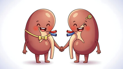 Vibrant cartoon depiction of two cheerful kidneys joyfully holding hands, symbolizing optimal organ health, mutual support, and vital well-being within the human body system