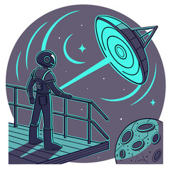 Futuristic Space Exploration Icons with Alien Spaceship and Cosmic Portal