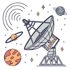 Space Technology Satellite Dish and Wireless GPS Signal Icons