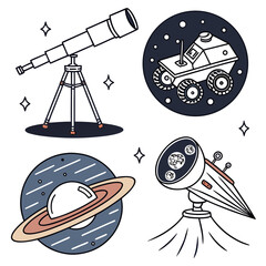Space Exploration Icons with Telescope Rover and UFO Concepts