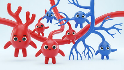 Whimsical 3D illustration of interconnected red and blue cartoon neurons representing brain activity, communication, and cognitive processes in a friendly style