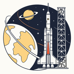Space Travel Launch Pad and Rocket Fuel Orbit Line Icons