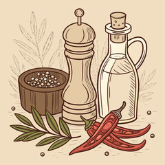 Kitchen Spices and Seasoning Icons Set with Salt Shaker and Herbs