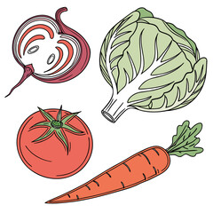Fresh Organic Vegetables Vector Illustration Set with Tomato