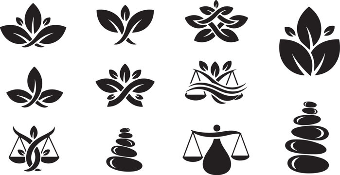A collection of black and white wellness logos featuring leaves and scales