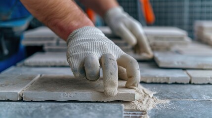 Skilled Laborer Installing Stone Tiles on a Surface with Precision and Care in a Workshop