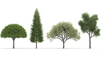 Obraz premium Variety of Trees Isolated on White Background, 3D Render, Nature Elements