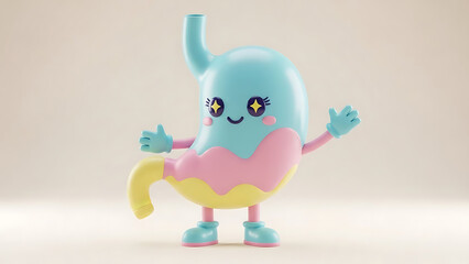 Vibrant 3D cartoon stomach character with sparkling eyes and a friendly smile, illustrating healthy digestion, internal wellness, and medical education