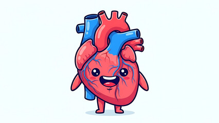 Cute cartoon heart character with arms and legs, representing love and health, with a happy expression