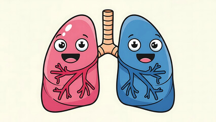 Cartoon illustration of cute happy human lungs, representing respiratory health and well-being