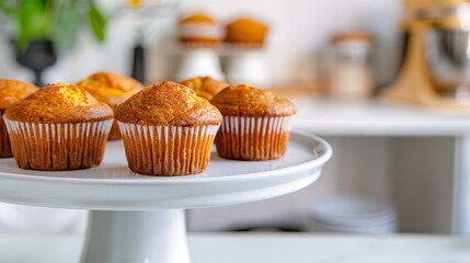 Freshly Baked Muffins on a White Cake Stand with Kitchen Background and Natural Light
